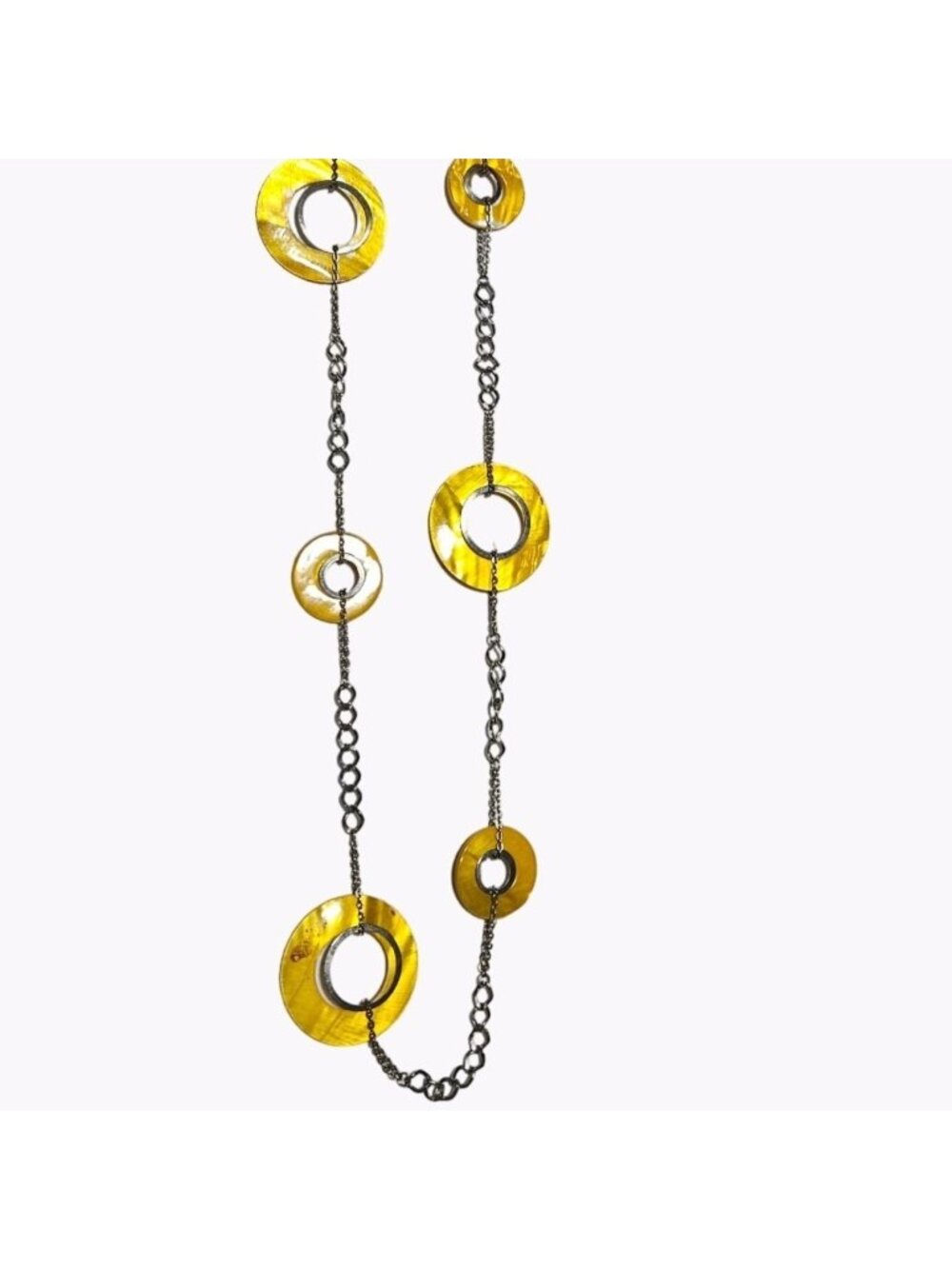 Art Deco Necklace Yellow Disc Beads Silver Tone Long Chain Boho Retro Fashion